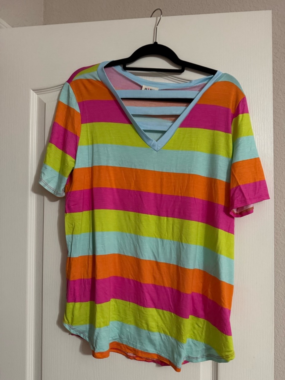 BiBi Bright Multicolor Striped V-Neck Short Sleeve Tee - XL
